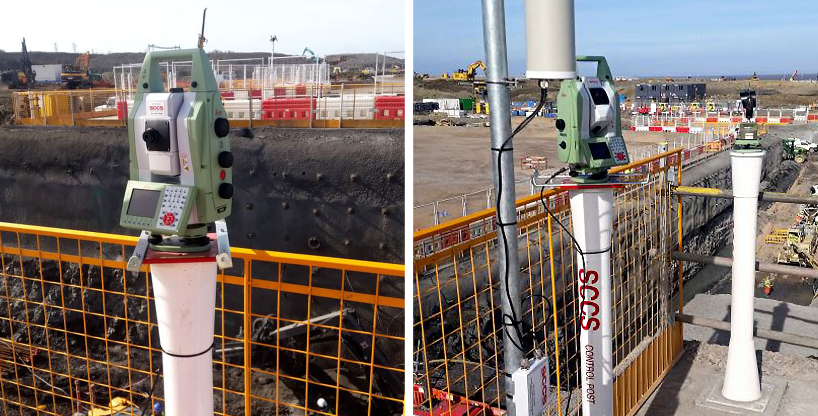 Image 1 (left): TM50 and mounting post, monitoring excavation. Image 2 (right): Typical setup of a monitoring system and control prism adjacent to excavation works